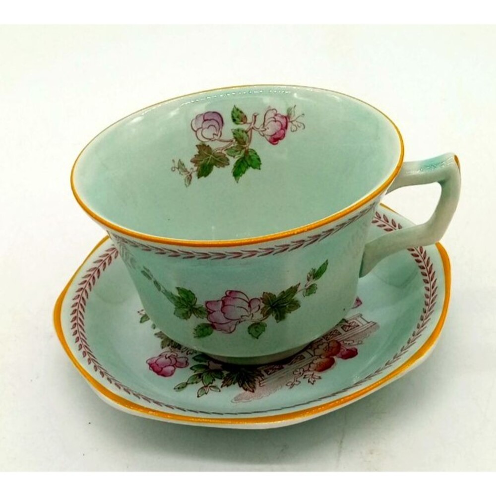Vintage Adams Calyx Ware English Ironstone Mint Purple Floral Tea Cup & Saucer